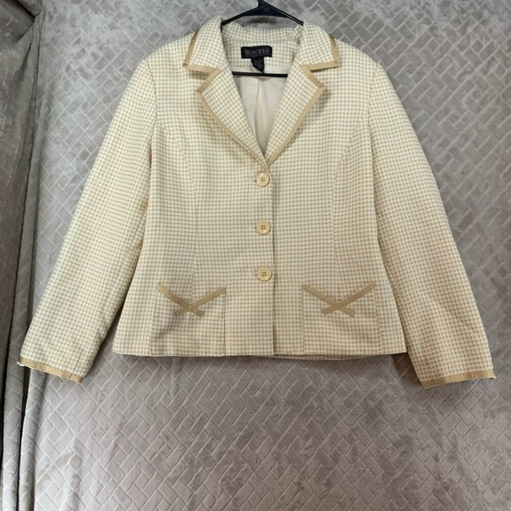 Stanley Blacker Blazer Suit Jacket Womens 14 Cream Beige Houndstooth Spring